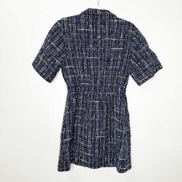 Sandro Short Tweed Dress Deep Blue White Button Front 36 2 - Picture 4 of 13